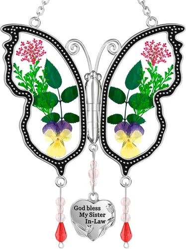 Miniatura 17 de KY&BOSAM Atrapasoles de mariposa con texto en inglés "I Love You Sister" para ventanas con flores secas y prensadas reales, dije de corazón grabado
