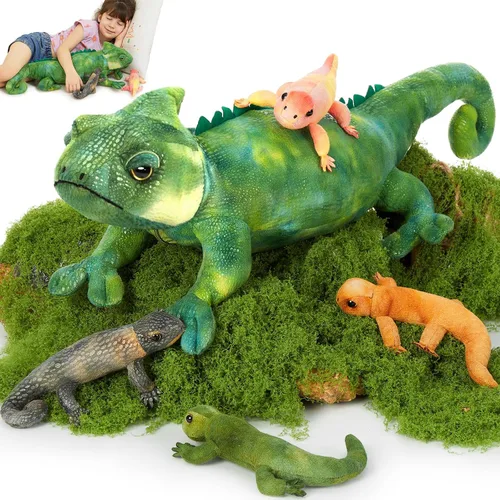 Miniatura 8 de MorisMos - Animales de peluche de lagarto, mamá camaleón gigante de 27 pulgadas con 4 lagartos bebés, juguetes para niños y niñas, mamá iguana