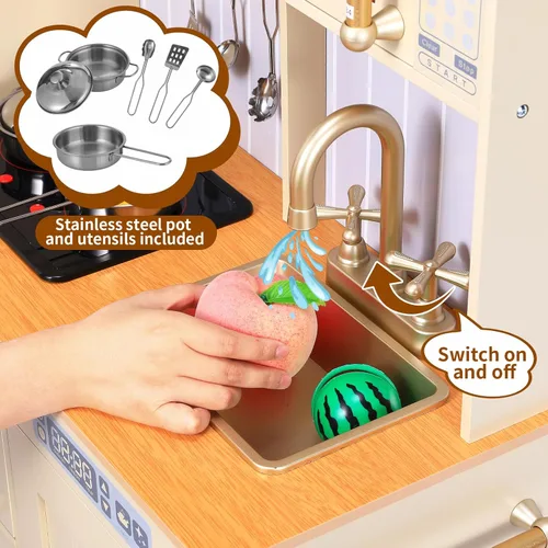 Miniatura 5 de Arlopu Cocina de Juguete para Niños, Juegos de Cocina de Madera para Niños Pequeños, Set de Cocina de Simulación con Almacenamiento y Accesorios
