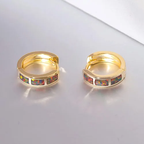 Miniatura 5 de Aretes de aro pequeños para mujer, chapados en oro de 14 quilates, joyería de ópalo, Piedra, Ópalo sintético
