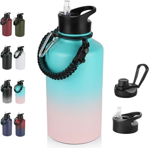 Miniatura 92 de Botella de agua aislada de 64 onzas con tapas de pajita y boquilla, jarra de agua de acero inoxidable de medio galón con mango de paracord, vacío