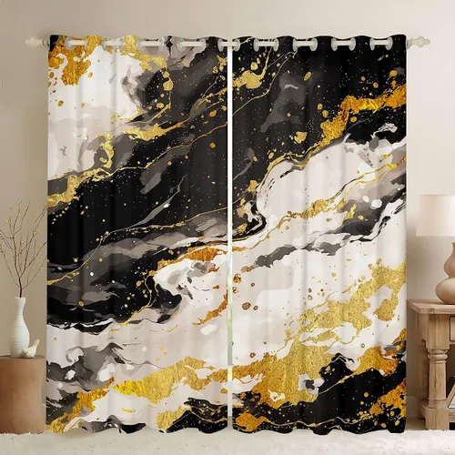 Miniatura 14 de Feelyou Cortinas abstractas para dormitorio, sala de estar, cortinas opacas de oscurecimiento negro y azul, con estampado de mármol, 2 paneles de 38
