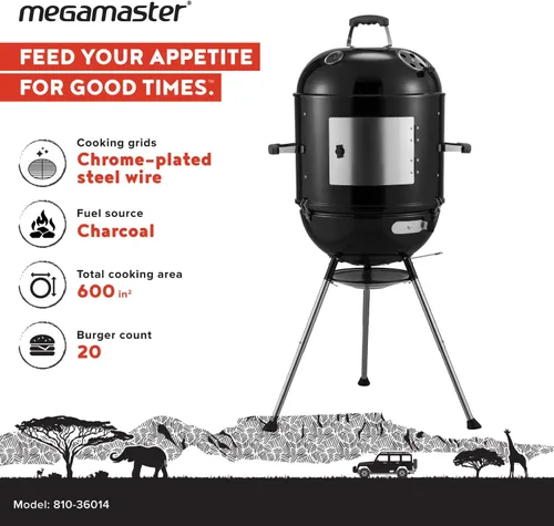 Miniatura 3 de Megamaster Ahumador vertical para barbacoa de carbón de 18 pulgadas, parrilla portátil 4 en 1 para exteriores con ventilación de aire ajustable, 600