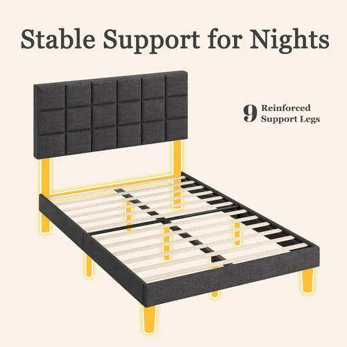 Miniatura 3 de Fluest Base de cama de plataforma completa con cabecero alto tapizado de lino, no necesita somier, esponja EVA antirruido, fácil montaje, envío