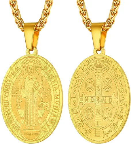PROSTEEL Collar con medalla de San Benito de acero inoxidable joyería de protección para hombres y mujeres chapado en oro real de 18 quilates
