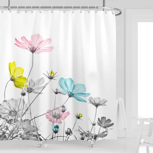 Miniatura 18 de Cortina de ducha de 72" x 72" con flores grises y rosas, gris y blanco, flores silvestres, margaritas, plantas, pintura de tinta, botánica