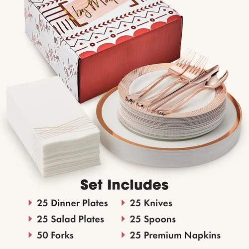 Miniatura 7 de By Madee PREMIUM - Juego de vajilla desechable elegante – Juego de platos y utensilios de plástico de oro rosa de 175 piezas con servilletas
