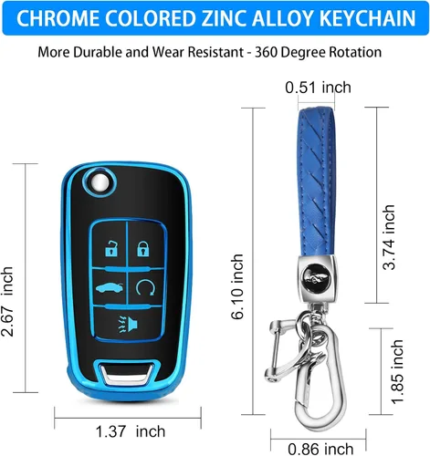 Miniatura 3 de QBUC Funda para llavero Chevy con llavero para Chevrolet Equinox Buick Camaro Cruze Malibu Impala Sonic Protección completa (negro/azul)