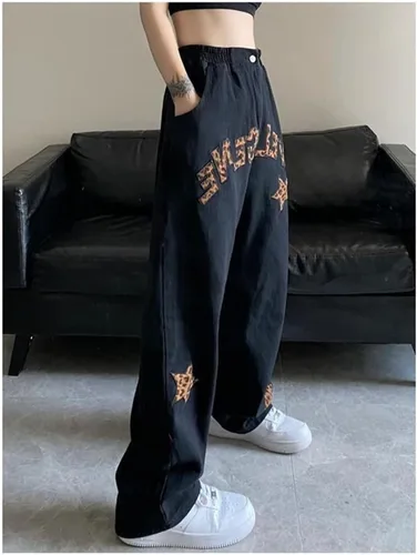 Miniatura 3 de Harajuku - Jeans de leopardo con estampado de letras, góticos, sueltos, de calle alta, rectos, hip hop
