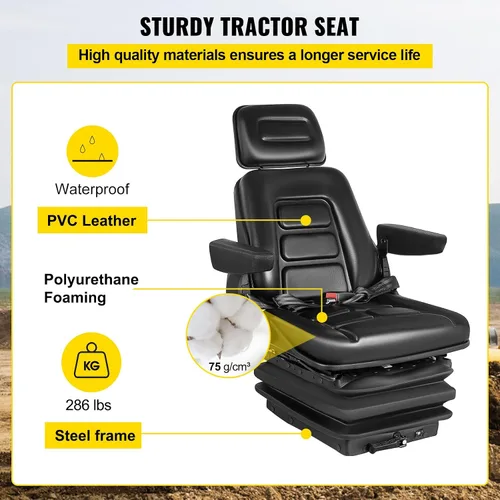 Miniatura 5 de VEVOR Asiento de suspensión con respaldo ajustable, reposacabezas y reposabrazos, asiento de carretilla elevadora con rieles deslizantes, plegable