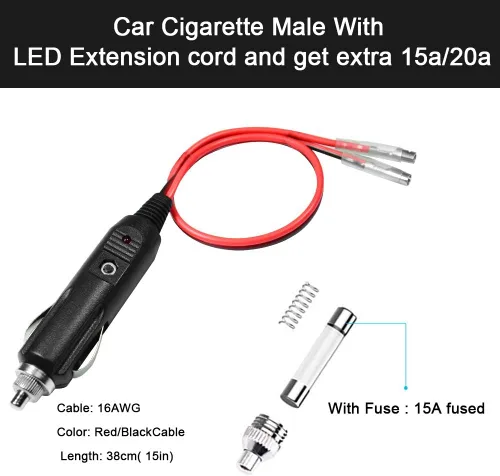 Miniatura 3 de Enchufe de encendedor de cigarrillos de 12 V con cables, conector macho resistente de 12 voltios, fuente de alimentación de 15 y 20 amperios