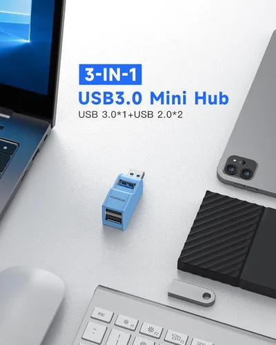 Miniatura 5 de Adaptador USB 3.0 de 3 Puertos, Hub USB con 1 Puerto USB 3.0 y 2 Puertos USB 2.0, Divisor de Puerto USB Portátil para Teclado, Disco Duro Móvil, Azul