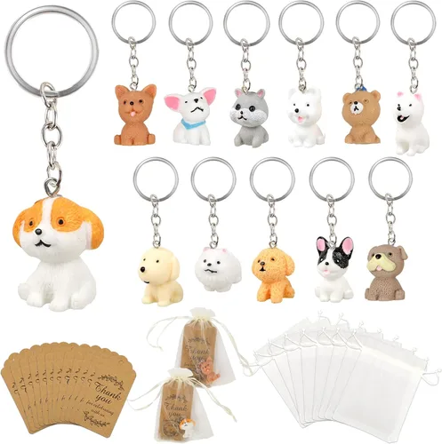 Paquete de 12 llaveros para cachorros con bolsas de organza, etiquetas Kraft de agradecimiento para artículos de regreso a clases, regalos de fiesta