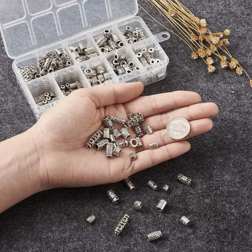 Miniatura 3 de KISSITTY 300 unidades/caja de cuentas espaciadoras de columna de plata antigua tibetana con dije de tubo para barba para hombres de 0.177 in a 0.709
