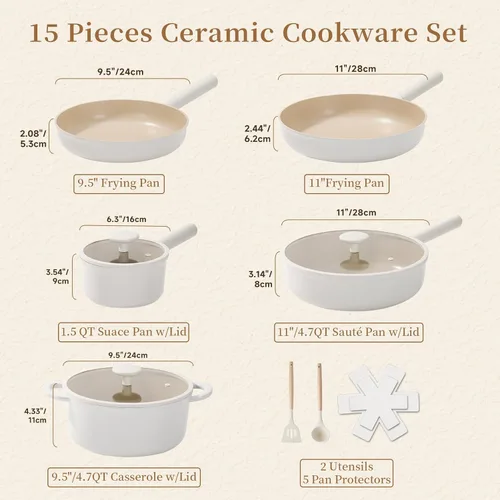 Miniatura 5 de JEETEE Juego de utensilios de cocina de cerámica, 15 ollas y sartenes antiadherentes con asas extraíbles, juego de utensilios de cocina de inducción