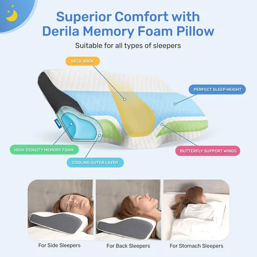 Miniatura 3 de Derila Almohada cervical de espuma viscoelástica tamaño Queen y funda de almohada adicional Control óptimo de temperatura para tu sueño perfecto.