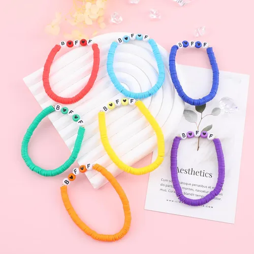 Miniatura 5 de Juego de pulseras Heishi Surfer de arcoíris para mujeres y niñas, pulseras apilables de arcilla con cuentas de disco, pulseras elásticas de disco
