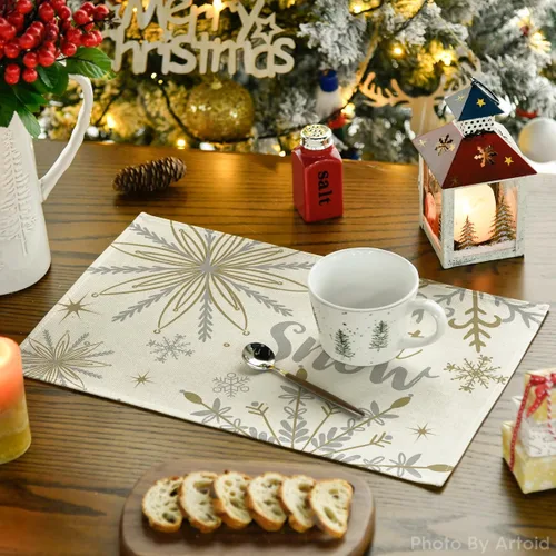 Miniatura 3 de Artoid Mode Juego de 4 manteles individuales de mesa con diseño de copo de nieve beige Let It Snow de invierno, 12 x 18 pulgadas, manteles de mesa