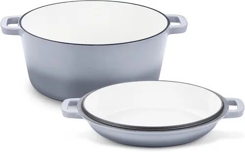 TeamFar Horno holandés de hierro fundido esmaltado de 5 cuartos de galón, olla holandesa 2 en 1 con tapa de sartén para hornear pan, estofado, Gris