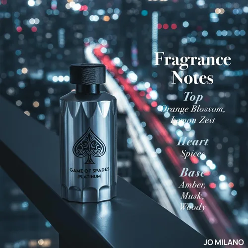 Miniatura 2 de Jo Milano Game of Spades Platinum Parfum Spray 3.4 oz (3.4 fl oz) Almizcle, ámbar, Oud, polvo, cálido, aroma a especias, fragancia de larga