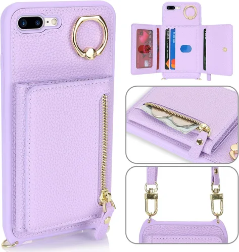 Miniatura 3 de Funda para iPhone 8 Plus con Portarjetas, Funda de Teléfono para iPhone 8 Plus con Correa Bandolera Cordón Anillo de Soporte, Funda Cartera iPhone 7