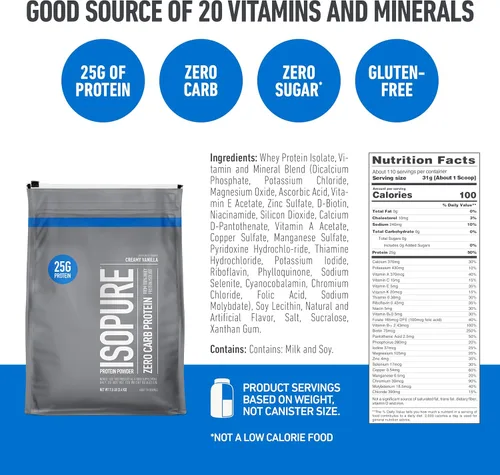 Miniatura 3 de Isopure Zero Carb 100% Proteína Pura de Suero Aislado en Polvo, Sin Lactosa, Sin Gluten, Con Vitaminas, Vainilla Cremosa, 25g de Proteína por