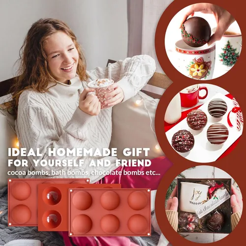Miniatura 5 de Moldes de bomba de cacao para chocolate caliente, silicona hemisferio de 2.5 pulgadas, paquete de 3, molde semicircular, 6 cavidades, circular, sin