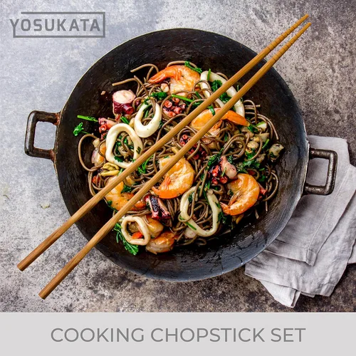 Miniatura 9 de YOSUKATA Wok de fondo redondo plateado de 14 pulgadas + cubierta de wok premium de 14 pulgadas + palillos de cocina largos reutilizables de madera
