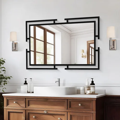 Espejo de pared decorativo grande, espejo negro de 24 x 36 pulgadas para baño, decoración de pared de vidrio templado con marco de metal para sala