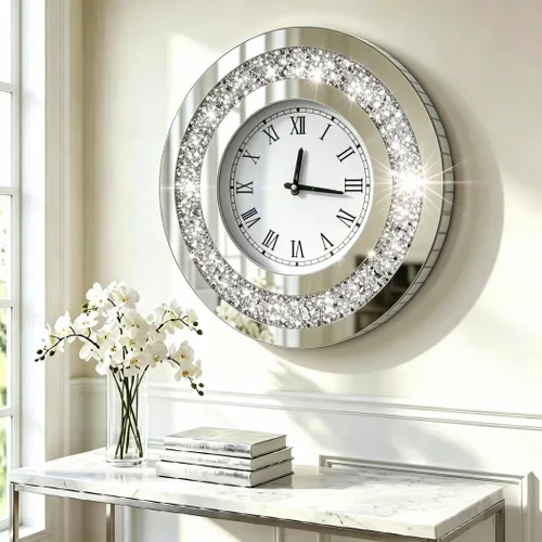 Miniatura 11 de DMDFIRST Reloj de Espejo Redondo Plateado Brillante de 12 pulgadas. Reloj de Pared Espejado Glamoroso Centelleante Brillante para Decoración