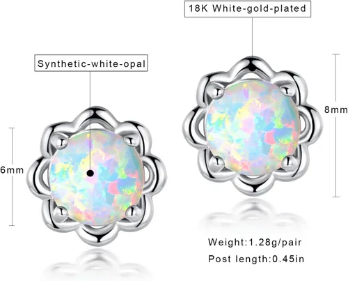 Miniatura 6 de Pendientes de tuerca chapados en oro blanco con ópalo de flores hipoalergénicos, regalo de joyería para mujer, Latón Gema, Piedra natal de ópalo