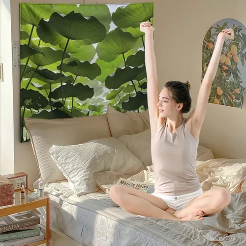 Miniatura 3 de FENDROM Tapiz de hojas de loto de naturaleza, tapiz de plantas, paisaje natural verde, para colgar en la pared, arte de pared 3D para dormitorio