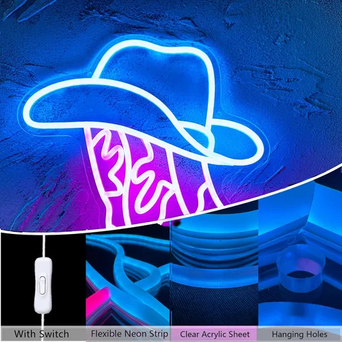 Miniatura 4 de Letrero LED de Neón de Bota de Vaquero y Sombrero, Decoración de Pared del País Occidental para Bar, Cueva de Hombre, Garaje, Luz de Neón de Rodeo