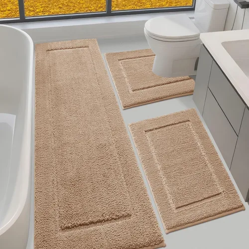 Miniatura 49 de Juego de alfombras de baño de 3 piezas de color blanco hueso, ultra suave, gruesa, esponjosa, microfibra absorbente, parte trasera antideslizante