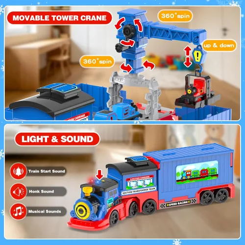 Miniatura 5 de Juego de tren de juguete 2 en 1 para niños pequeños, base de tren de catapulta con grúa torre móvil, 8 pequeños trenes magnéticos, efecto de luz