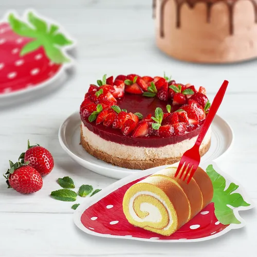 Miniatura 4 de Platos en forma de fresa, delicados y encantadores, decoraciones de fiesta de fresa adecuadas para fiestas, cumpleaños de bebé (24 juegos)