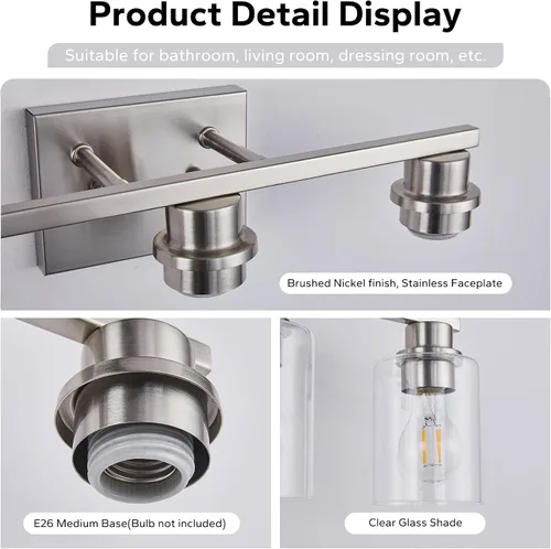 Miniatura 4 de Lámpara de tocador de baño de níquel cepillado, aplique de pared de 3 luces de 18 pulgadas con pantallas de vidrio transparente, iluminación moderna
