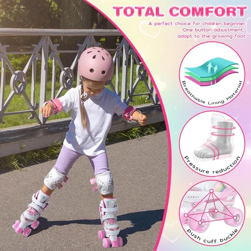 Miniatura 2 de Patines de ruedas para niños y niñas, 4 tallas ajustables, patines de arco iris para niñas con ruedas iluminadas, patines para niños pequeños
