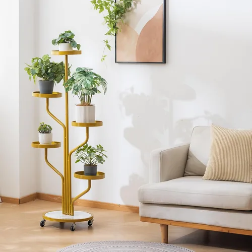 Miniatura 5 de CHPHI Soporte para plantas de hierro forjado de 4 niveles para interiores, estante alto de metal para múltiples plantas, soporte de metal con ruedas