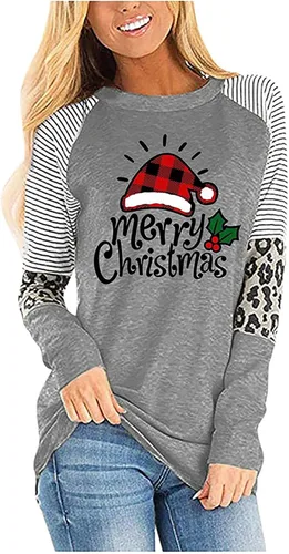 UODSVP Womens Costumes Fashion Christmas Print Splicing Long Sleeve Round Neck Loose Tops