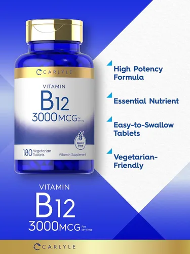 Miniatura 3 de Carlyle Vitamina B12 3000 mcg 180 tabletas Suplemento vegetariano Sin OMG y sin gluten