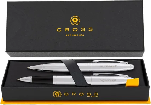 Cross Calais - Juego de bolígrafo grabado y bolígrafo roller, cromo, diseño Art Deco, grabado a juego en ambos bolígrafos, regalo para graduación,