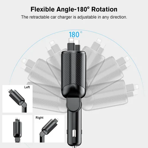Miniatura 8 de MAGJIEYX Cargador retráctil para automóvil 4 en 1, adaptador de carga rápida MAGJIEYX de 62 W, cables retráctiles tipo C/USB-i y dispositivos USB