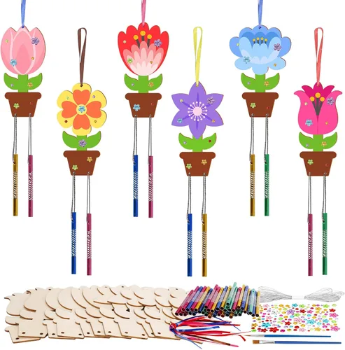 Miniatura 13 de Fennoral Paquete de 12 carillones de viento, manualidades de primavera para niños, artes y manualidades de madera para niñas y niños, haz tus Hueso