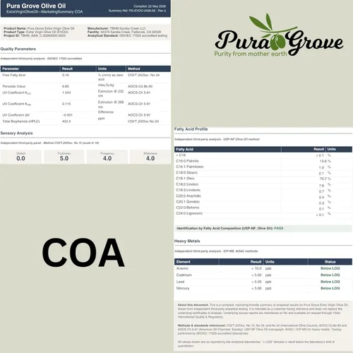 Miniatura 2 de Pura Grove Aceite de Oliva Virgen Extra Orgánico Prensado en Frío Grado Premium - Alto en Polifenoles - Cosechado a Mano y Cultivado en California