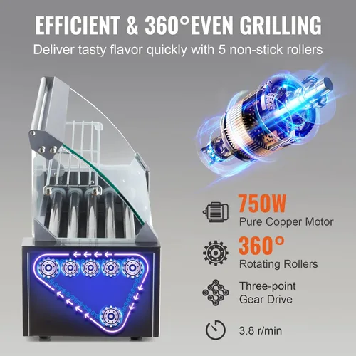 Miniatura 5 de VEVOR Parrilla giratoria para perritos calientes con 5 rodillos y capacidad para 12 perritos calientes, máquina de cocción de salchichas de 750W
