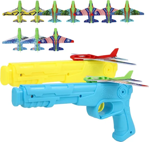 Manmel Paquete de 12 lanzadores de aviones para niños, 2 lanzadores y 10 planeadores de espuma, juguetes voladores para interiores y exteriores para