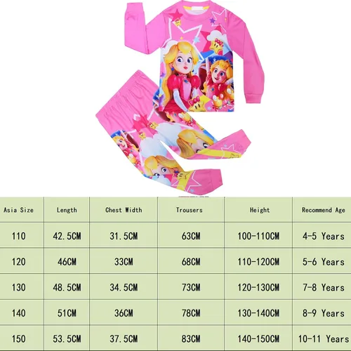 Miniatura 2 de Conjunto de pijama de princesa melocotón para niñas, 2 piezas, ropa de dormir de dibujos animados para niños, pijamas largos para niñas, ropa