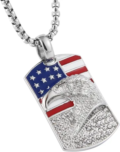 Miniatura 2 de HZMAN Collar patriótico de águila estadounidense de acero inoxidable para hombres y mujeres, con circonita cúbica, bandera americana, colgante