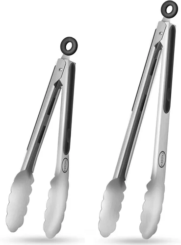 TACGEA Pinzas de cocina de acero inoxidable, agarre antideslizante de silicona, pinzas de bloqueo para alimentos a la parrilla, juego de 2, 9